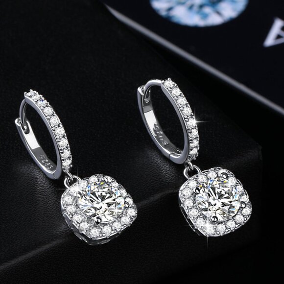 💎 NEW Certified 1ct Cushion Cut Halo Moissanite Dangle Earrings S925 💎 - Picture 1 of 6